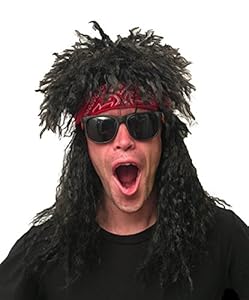 Hisilli Wig, Bandana, Sunglasses - 80's Rock Star Heavy Metal Musician Costume Set (Black/White Sunglasses & Red Bandana)