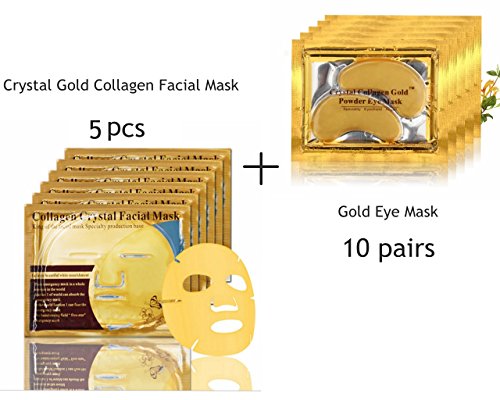 24K Gold Collagen Mask, 5 Packs Facial Mask + 10 Pairs Gold Eye Mask Anti-Wrinkle Dark Circles and Puffins Skin Whitening & Moisturizing Treatment - Bio-collagen Crystal Facial Mask