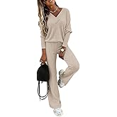 CHICME Womens Lounge Sets 2 Piece Ribbed Knit V Neck Long Sleeve Top Elastic Waist Wide Leg Pants Matching Sweatsuits