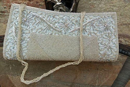White Beaded Clutch/Vintage style/Hand Beaded Evening Bag With Rhinestones/ Made in India