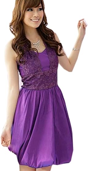 Amazon ポリエステルレースホルターネックパーティードレス結婚式二次会ワンピース F パープル ウェア シューズ ワンピース チュニック 通販