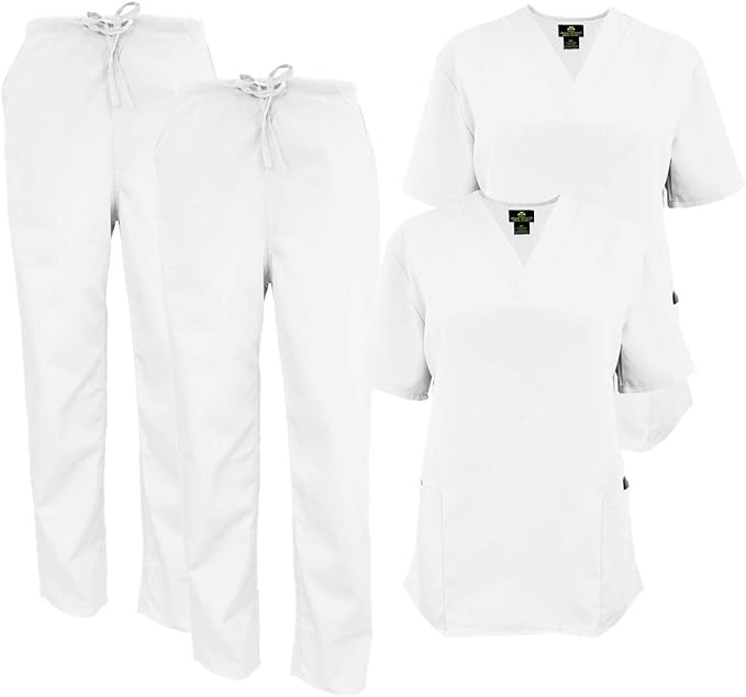 Women's Scrub Set Medical Apparel Scrub Top and Pant, 2Pack White, Large Clothing