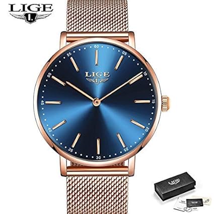 LIGE Classic Elegant Stainless Steel Rose Gold Mesh Strap Minimalistic Design Slim Blue Dial Wristwatch for Men - 9895 Gold Blue