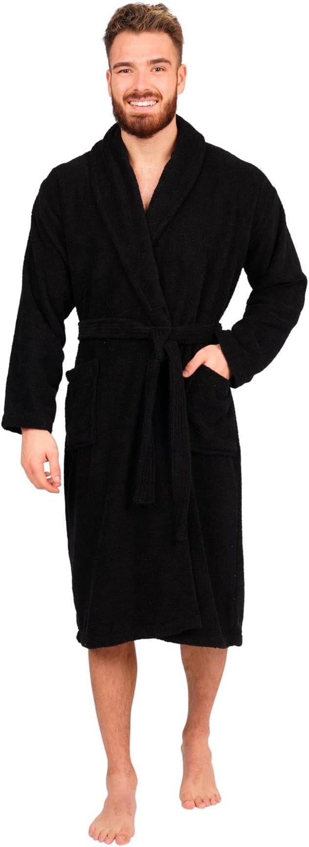 Adore Home Mens 100% Cotton Bathrobe Black Large Shawl Collar