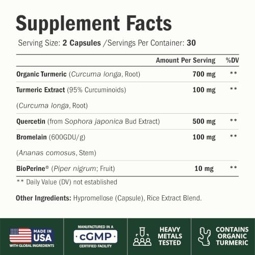 Quercetin with Bromelain Turmeric Curcumin Supplement – Triple Action: Allergy Relief, Inflammation and Joint Support with Organic Tumeric + Bioperine for Max Absorption – 60 Quercetin 500mg Capsules