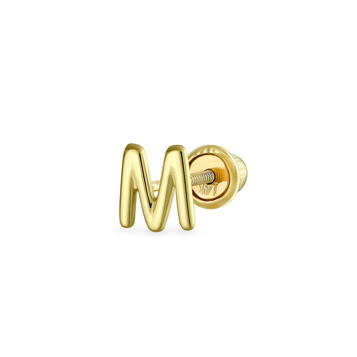 ABC Minimalist Real Yellow 14K Gold Capital Block Alphabet Letter Initial M Cartilage Ear Lobe Piercing 1 Piece Stud Earring Screw Back For Teen Women Men