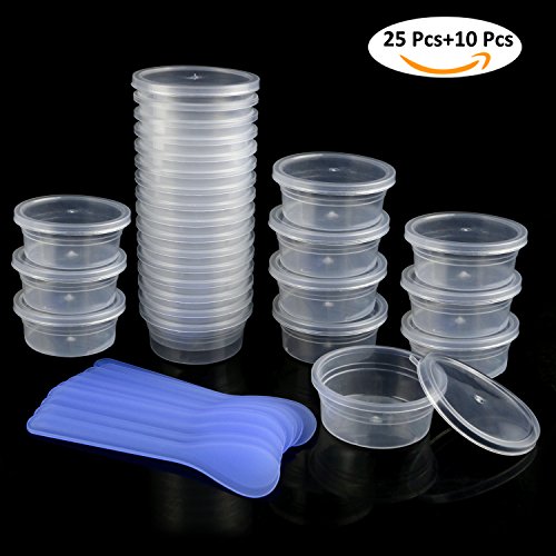 Philonext 25 Pack Slime Storage Containers, Foam Ball Storage Containers with Lids, Leakproof Clear Plastic Floam Beads Containers Kit of Slime with 10 Pcs Slime Mixing Spoons for Slime Beads (S)