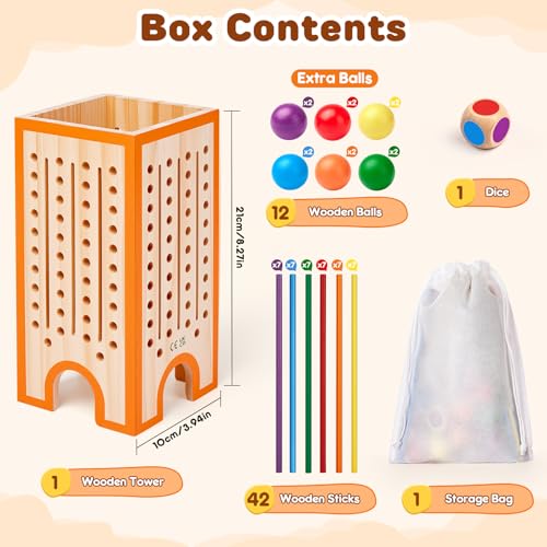 Montessori Game, Children's Games 3, 4, 5, 6 Years, Wooden Board Game with 42 Sticks and 12 Balls, Educational Toy for 3 Years, Fine Motor Skills Games, Family and Travel Games, Gift for Boys and
