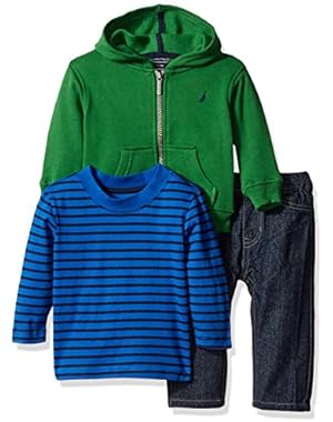 Nautica Baby Boys' Three Piece Fleece Set with Full Zip Hoodie, Long Sleeve Tee and Denim Jean