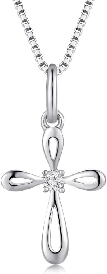 LR Accessory 9K White Gold Real Round Diamond Cross Pendant/w 925 Sterling Silver Chain (16') (0.03 cttw, G-H color, SI1 Clarity)