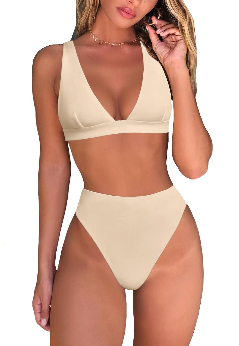 Photo 1 of fatty tiger Beige Bikini Swimsuit Apricot High Waisted High Cut Cheeky Thong Bikini Bottom S