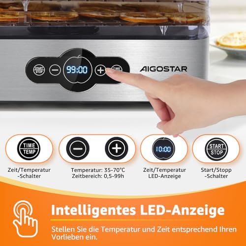 Crispy - Dörrautomat, Dörrgerät mit Temperaturregler, 240W, 35-70°C, 99h-Timer, 5 Einlegefächer, Dörrautomat Edelstahl für Fleisch, Obst, Gemüse, Dehydrator - BPA frei