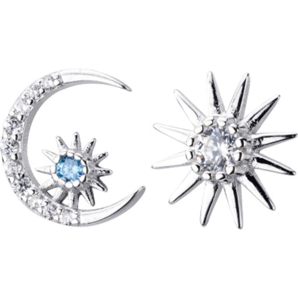 Crystal Star Crescent Moon Stud Earrings S925 Sterling Silver Dainty Clear CZ Diamond Sun Asymmetrical Ear Studs Piercing Earring Delicate Jewelry Gifts for Women Girls Sensitive Ears (Silver Blue CZ)