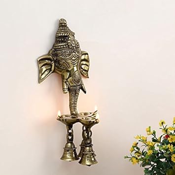 JaipurCrafts Brass Ganesh Wall Hanging Deepak with Bells
