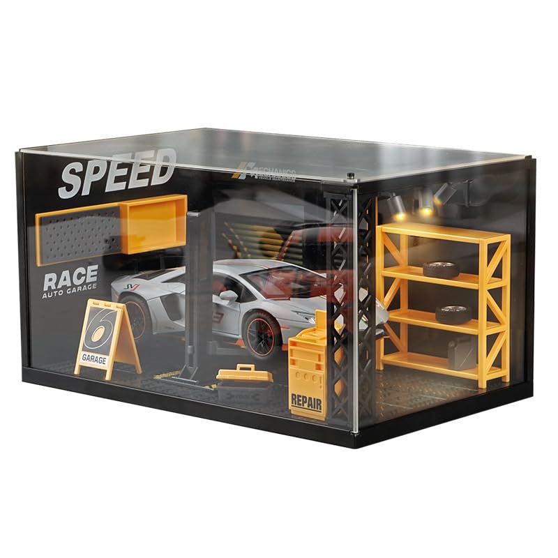 Photo 1 of 1/24 Garage Scene Model,Car Display Case Diecast Diorama Garage Miniature Scene Parking Lot PVC Assembly with Light Parking Space Model Display Frame Toy Display Box