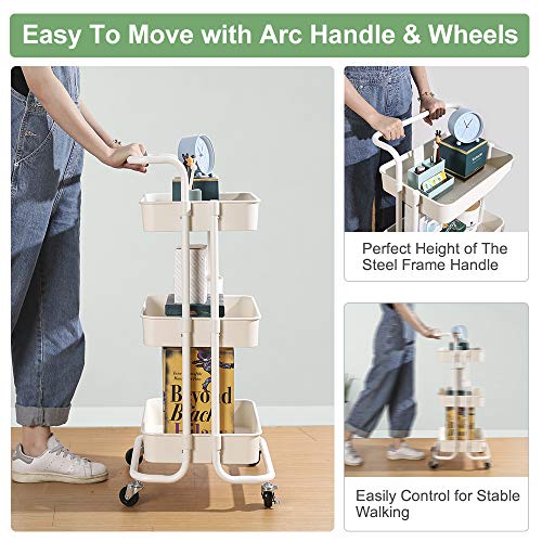 3-Tier Utility Cart, Kitchen Rolling Utility Cart Trolley Storage Shelves with Metal Tubes Lockable Wheels, Easy Assembly Food Service Mesh Basket Cart for Kitchen, Bathroom, Office Paint Storage