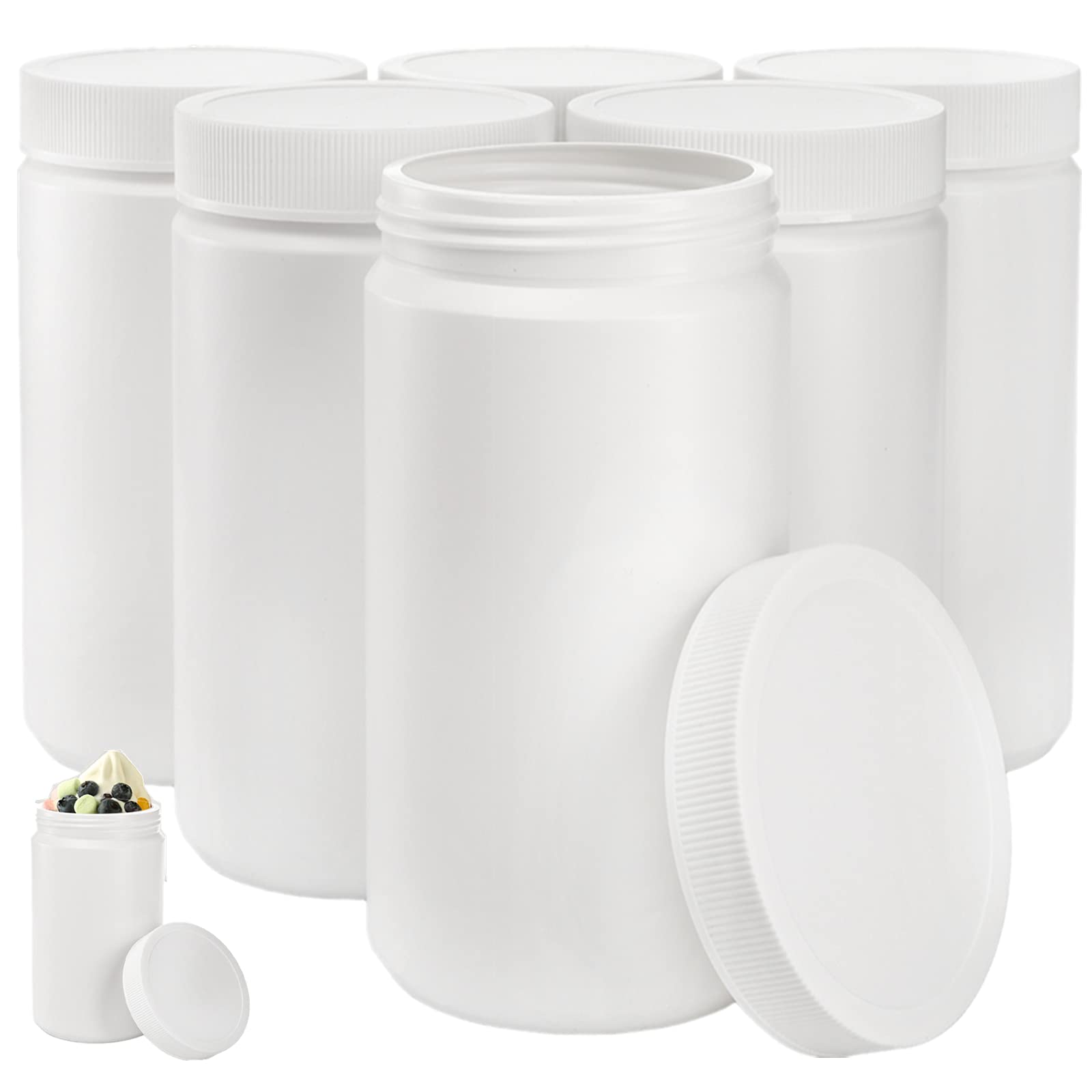 Photo 1 of DEAYOU 6 Pack 33 Oz Plastic Mason Jars, 1 Quart Ice Cream Containers with Screw Top Lid, Plastic Freezer Jar Reusable Storage Food Canister for Yogurt, Soup, Hot or Cold Food, Salad, Butter (White)