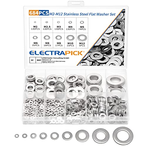 ELECTRAPICK 684pcs Flat Washers, Stainless Steel Round Repair Washer Assortment, Flat and Lock Gasket Kit 9 Sizes for Home Decor General Repair