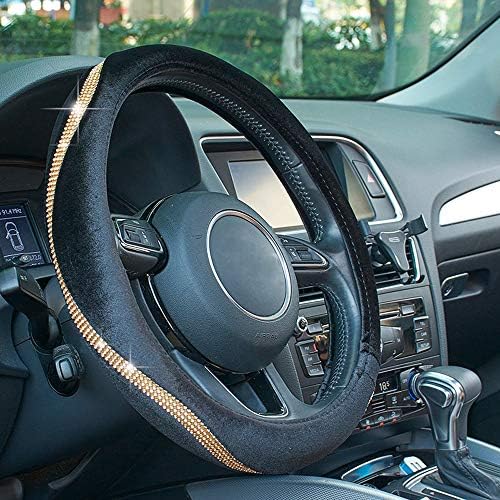 Atmomo ベルベット 車ハンドルカバー 滑り止め 営業 15インチ キラキラクリスタルダイヤモンドストリップ付き ゴールド ハンドルプロテクター