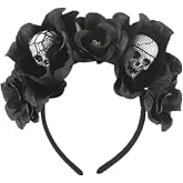 JEAIRTS Black Halloween Headband Gothic Skull Day of The Dead Headpiece | Rose Flower Veil Crown Vampire Festival Costume Hair Accessories