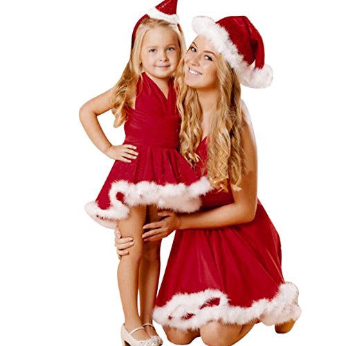 TAORE Women's Christmas Santa Claus Party Dress Toddler Kid Baby Girl Christmas Clothes Bandge Sleeveless Pageant Xmas Party Dress (2-3T, Kid) (L, Mom)