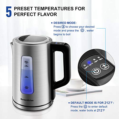 Electric Stainless Steel Tea Kettle 1.7L, Bonsenkitchen Electric Kettle