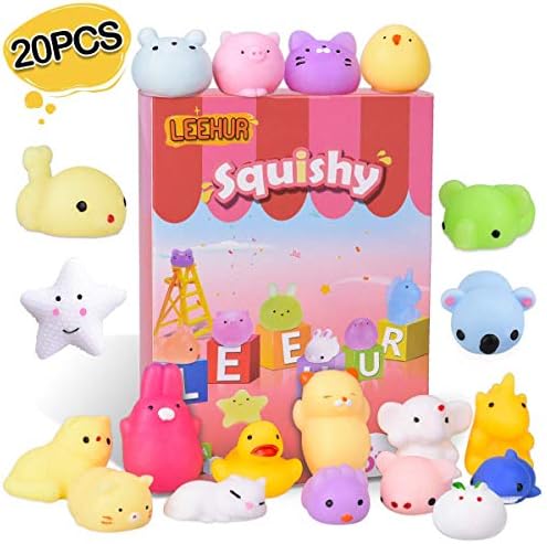 LEEHUR Mochi Squishy Toys Party Favors for Kids Random 20Pcs Kawaii Soft Mini Moj Moj Squishies Pack Adults Squeezing Stress Anxiety Relief Toys School Prizes Box Packaged