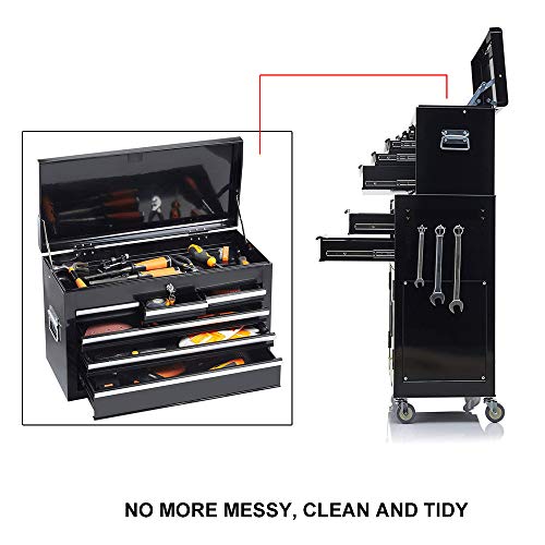 Big Tool Chest,Removable 2 in 1 Tool Box,8-Drawer Tool Storage,Detachable Tool Chest with 4 Universal Wheels (2 PCS Lockable),Keyed Locking System Toolbox Organizer,Black - Thumbnail 2