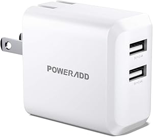 POWERADD USB Wall Charger Adapter, 24W Dual Port iPhone Charger, Block, Power Adapter Compatible with iPhone 12/11/Pro/XS/XR/X/SE/8/7/6/iPad, Pro/Samsung Galaxy S10 and More (White)