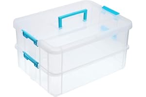 JUXYES 2-Tiers Stack Carry Storage Box With Handle, Transparent Stackable Storage Bin With Handle Lid Latching Storage Container for School & Office Supplies (Blue)
