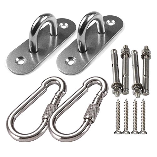 Mellewell 2 Pack Suspension Ceiling Hooks Hammock Swing Hook 4-Inch Length and Carabiners for Hammock Stand, Yoga Hammocks, Swing, Chair, Indoor, Outdoor, Stainless Steel, 8019CH-2