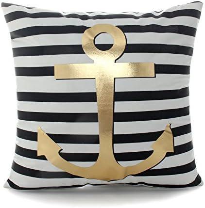 Kingla Home Decorative Square Pillowcases Black Striped Anchor Bronzing Cushion Cover 18x18 Inch Couch Throw Pillows Covers