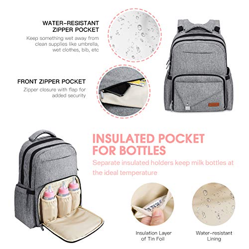 Diaper Bag Backpack,Chuntianli Multi-Function Travel Back Pack Large Maternity Baby Nappy Changing Bag Organizer,Waterproof/Durable,with USB Charging Port/Insulated Holder Pockets/Stroller Strap, Gray