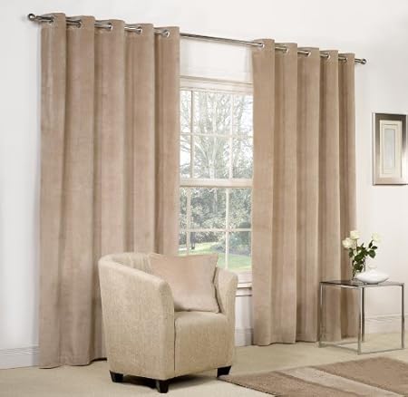 Mid Beige Velvet Ring Top Eyelet Curtains 90 X 72 Fully