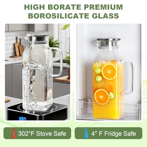 Litrue Glass Carafe 2 Litres, Water Carafe with Lid, Carafe Glass for Fridge Door, Water Jug Square for Cold Hot Water Iced Tea Wine Juice Tea Milk DIY Drinks (with Cup Brush)