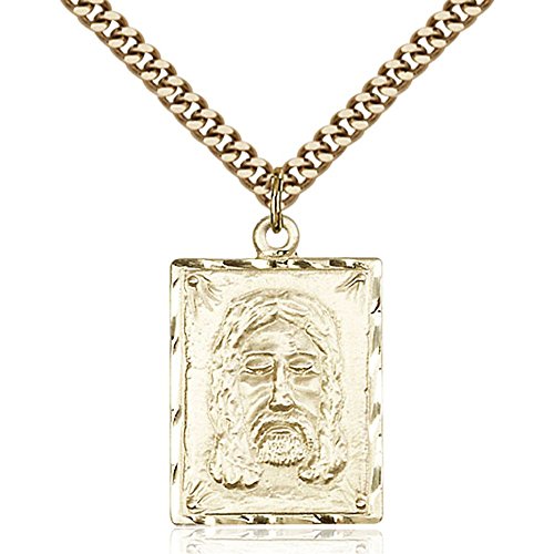 Gold Filled Holy Face Pendant 1 x 5/8 inches with Heavy Curb Chain