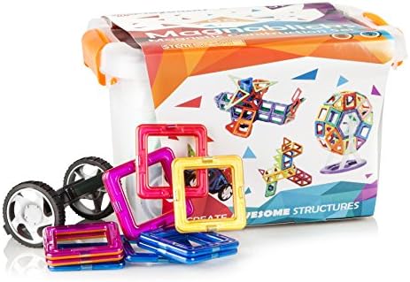 Magnetic Toy Building Blocks Kit: 55 Piece Colorful Plastic Model Kit and Magnet Tiles for Kids; Childrens STEM Educational Stacking and Learning Game for Boys and Girls Homes or Teachers Classrooms