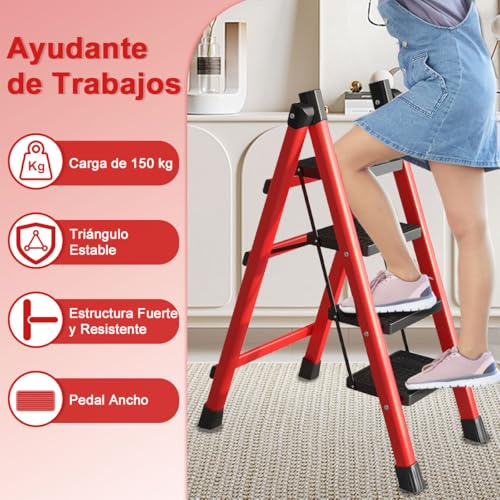 ADILIKADII Escalera Plegable de Acero，Escalera 4 Peldaños Doméstica Portátil con Pedal Ancho Antideslizante, Escalera Tubular Escalera de Tijera Tipo de Interior Exterior Hogar Oficina Cocina Garaje