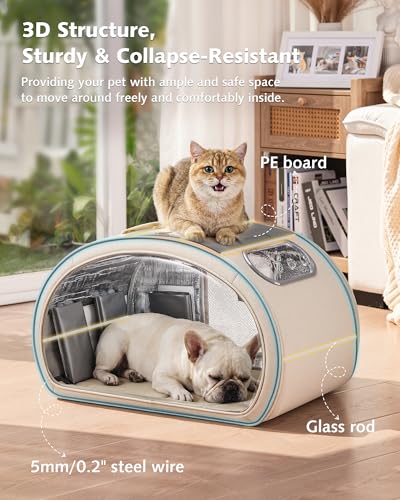 Pecute Casa Refrigerante para Gatos y Perros Pequeños, Caseta Fresca con 6 Cajas de Gel Reutilizables, Alfombrilla Refrigerante, Ventana Transparente Plegable, Tamaño L <8kg para Interior, Beige.