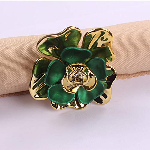 QTKJ Set of 6 Alloy Napkin Rings with Green Flower Napkin Buckle for Christmas, Holidays, Wedding, Parties, Dinners Decor(Gold)