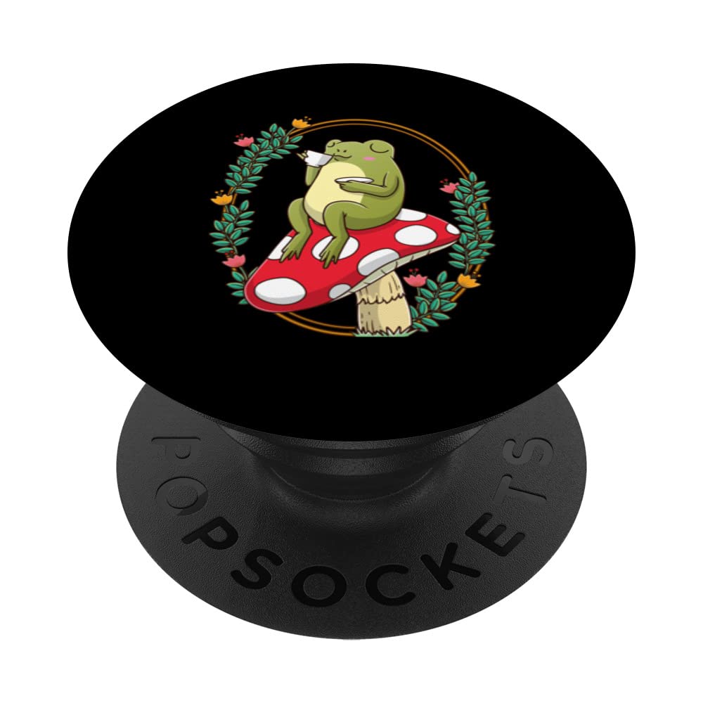 Frog Sipping Tea On Mushroom Cottagecore Kawaii Aesthetic PopSockets Swappable PopGrip