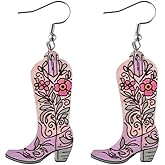 Boho Western Cowgirl Boots Hat Wooden Earrings for Women Pink Cowboy Flower Leaf Dangle Drop Earrings Country Concert Theme Party Jewelry Gift