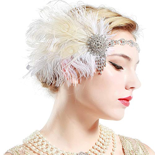 BABEYOND Womens Peacock Headband Womens Crystal Headband for Bride Feather Headband Flapper Headbands 1920s, White, One size