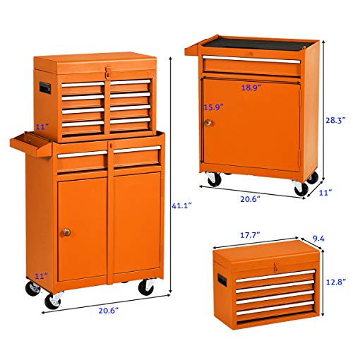 Removable Tool Chest,5-Drawers Tool BOX,Tool Chest with Wheels (2PCS Lockable) and Drawers,Tool Storage with Tray and Cabinet,Organizer(Orange)