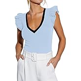 INFITTY Women's V Neck T Shirts Ruffle Sleeve Tops Dressy Sexy Sleeveless Slim Fitted Ribbed Tank Top Summer 2026