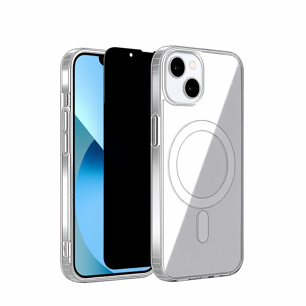 2 in 1 Magnetic Case for iPhone 13/ iPhone 14 Case 【Compatible with MagSafe】【with1 Privacy Screen Protector】 Not-Yellowing Military-Grade Protection Slim Phone Case for 13 Cover, Clear, 6.1"