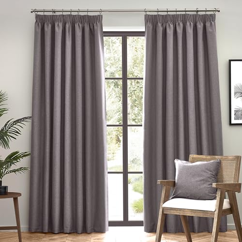 furn. Dawn Textured Blackout Pencil Pleat Curtains – Thermal Lined Pair (Charcoal - Width 168 x Drop 183cm)