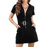 HUEOBIR Women's Corduroy mini Dress with Short Sleeve Lapel Zip Belt Cowgirl Dress with Pockets