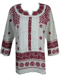 Mogul Womens Indian Tunic Dress Cotton White Red Chikankari Embroidered Top Blouse Shirt