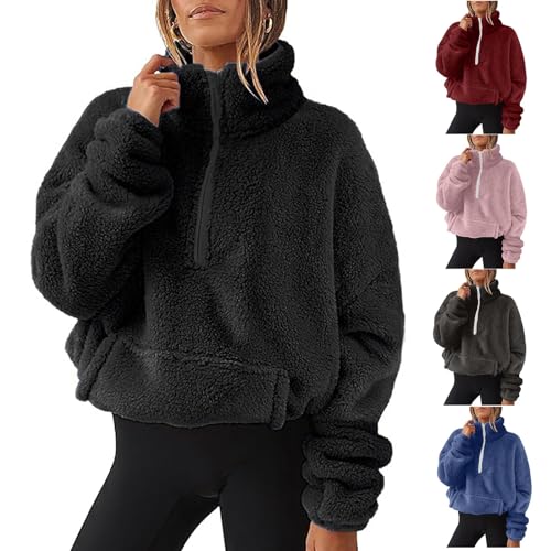 Winter Cardigans for Women UK Fleece Jacket Women UK Long Sleeve Stand Collar Half Zip Fleece Teddy Jacket Tunic Tops Jumpers Pullover Tops Warm Coat Winter Coats